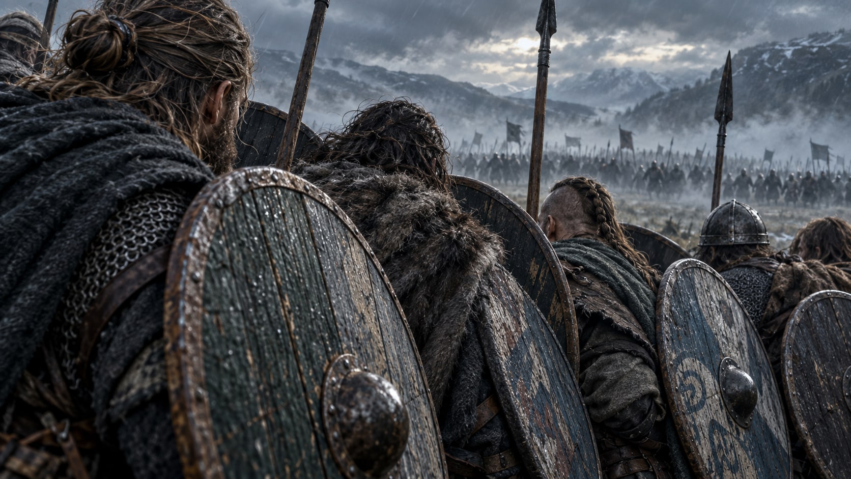 Norse-inspired warriors brace behind overlapping wooden shields on a misty battlefield.