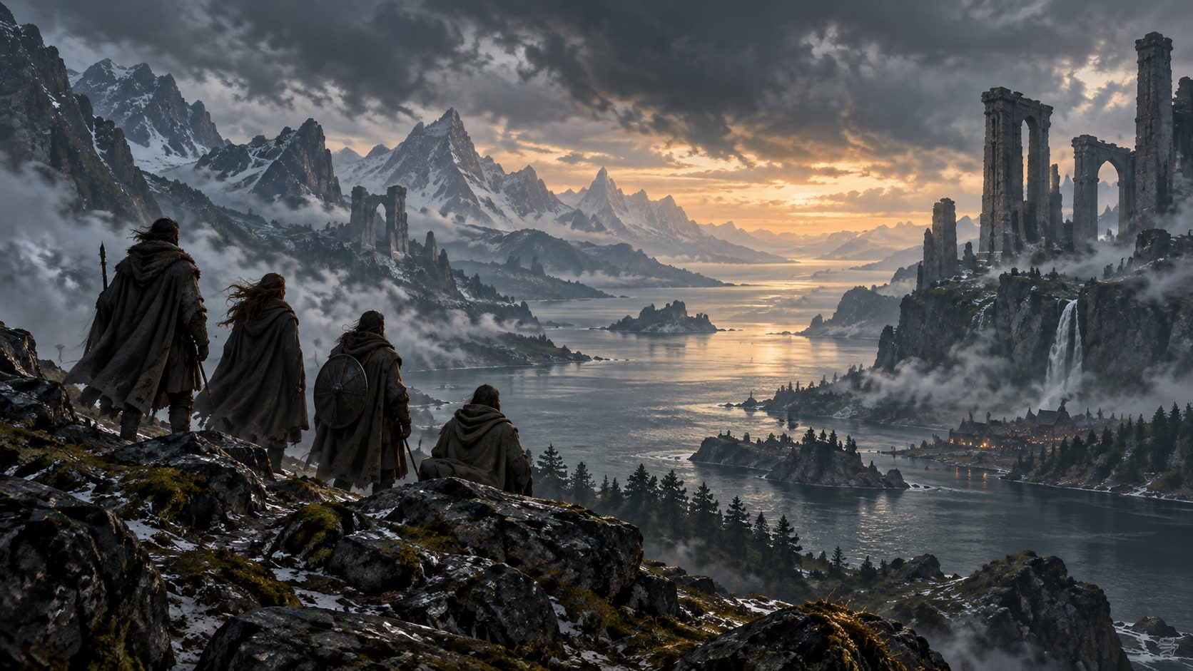 Four cloaked travellers overlook a vast northern fjord, snow-covered mountains and ancient ruins beneath a stormy sky.